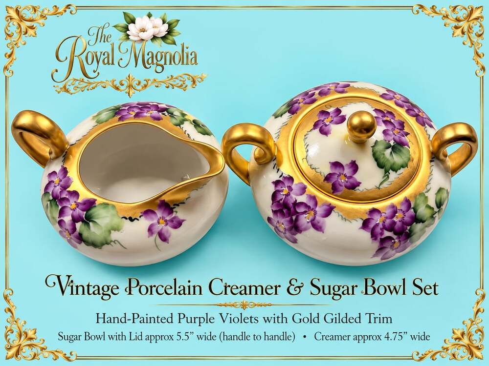 Vintage Porcelain Creamer and Sugar Bowl Set Purple Violets Gold Gilded